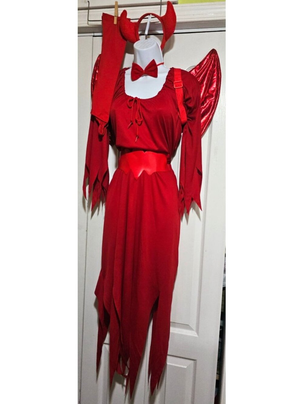 Devil Costume Women Red Dress Belt Tail Wings Horns Gloves Bowtie Halloween